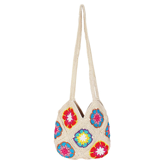 Trend Overseas Women Handmade Crochet Ivory Multicolour Flower Straw Bag Travel Beach Fishing Net Handbag Shopping Woven Shoulder Bag