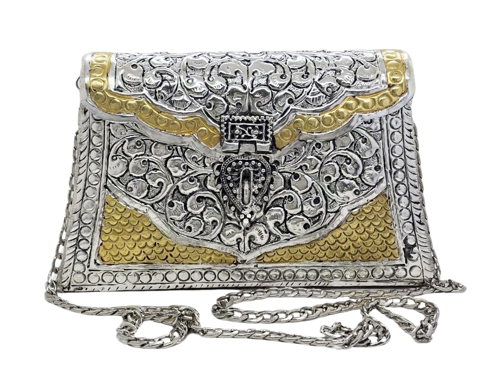 Trend Overseas Women Silver Bridal Metal Clutch Antique Hand Carving Bag Bridal Bag