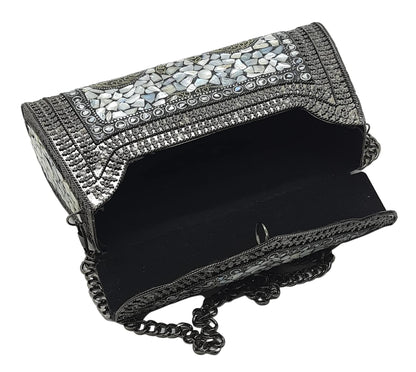 Trend Overseas Women's Antique Black Color shell nacre stone bag ethnic clutch metal bag party clutch