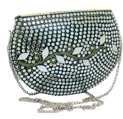 Trend Overseas Silver metal Beaded Ethnic purse Girls Bridal Bag cross body bag for women/Girl party clutch Metal clutches Vintage Brass