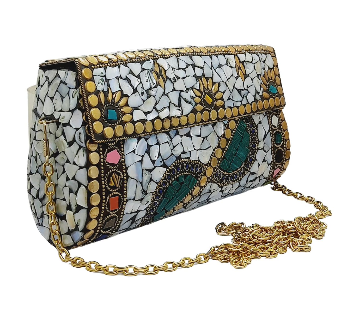 Trend Overseas Handmade mosaic metal bag Stone Ethnic Indian Women/Girls Bridal metal clutch party sling bag