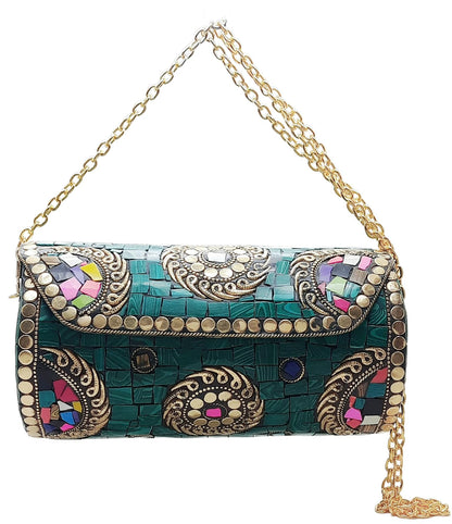 Trend Overseas Handmade Mosaic Multi color Stone Clutch Cylindrical Round Ethnic bag Antique Bridal Sling Bag Crossbody Bag