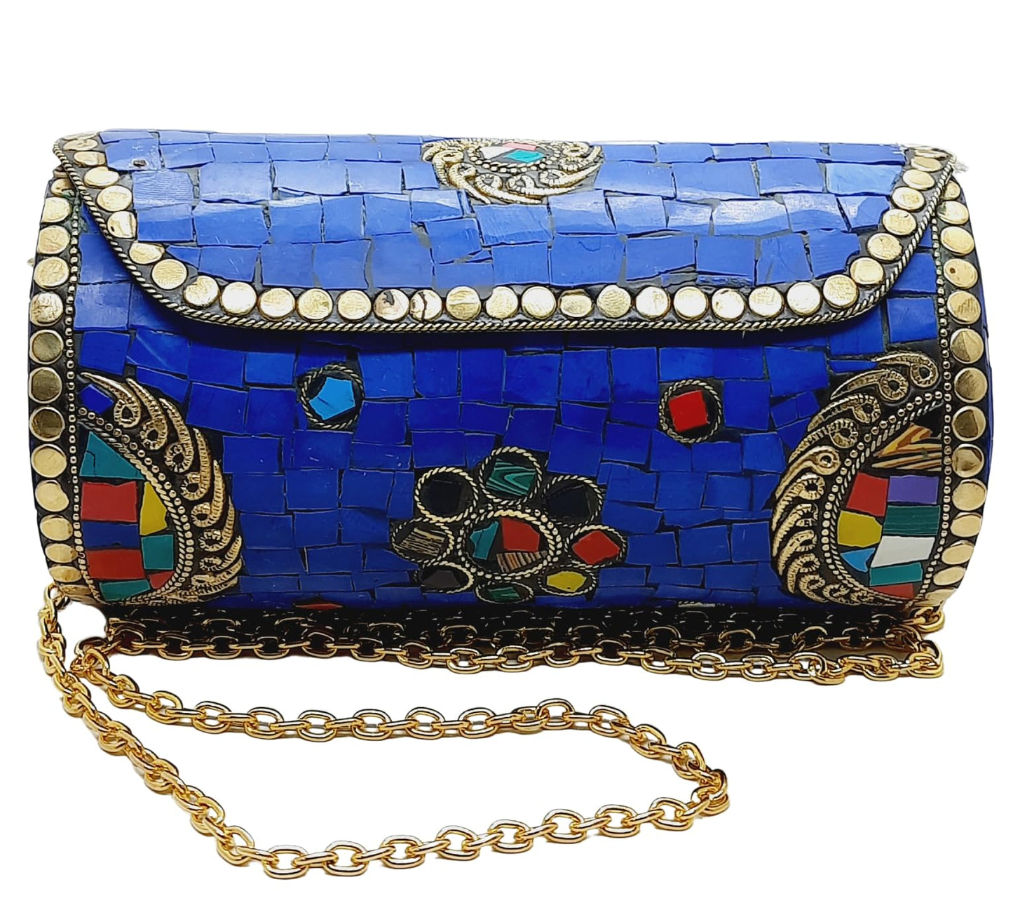 Trend Overseas Handmade Mosaic Multi color Stone Clutch Cylindrical Round Ethnic bag Antique Bridal Sling Bag Crossbody Bag