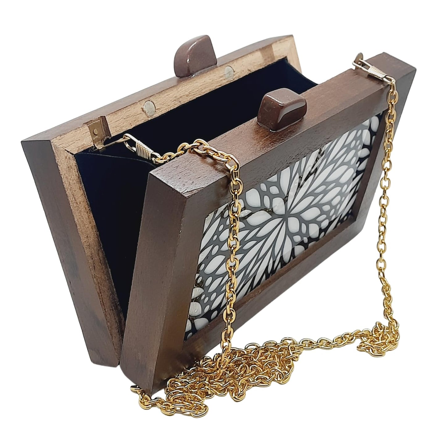 Trend Overseas Women's Wooden Printed Rectangle Ethnic Clutch Bag/Bridal Purse/Handbag_Crossbody Sling Bags Detachable Chain for Bridal, Party Bag