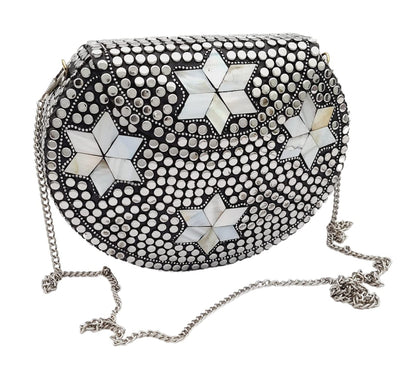 Trend Overseas Silver metal Beaded Ethnic purse Girls Bridal Bag cross body bag for women/Girl party clutch Metal clutches Vintage Brass