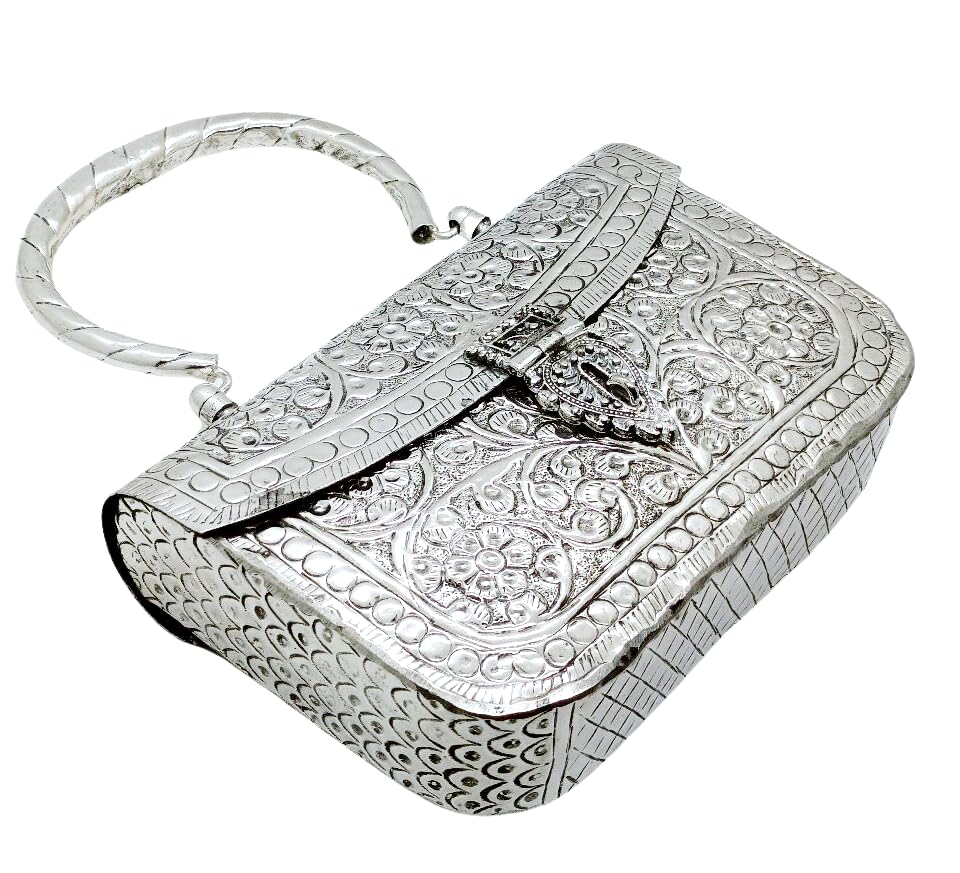 Trend Overseas Handmade Women's Silver Handle Metal Clutch - Beautiful Handcrafted Design, Perfect for Small Accessories