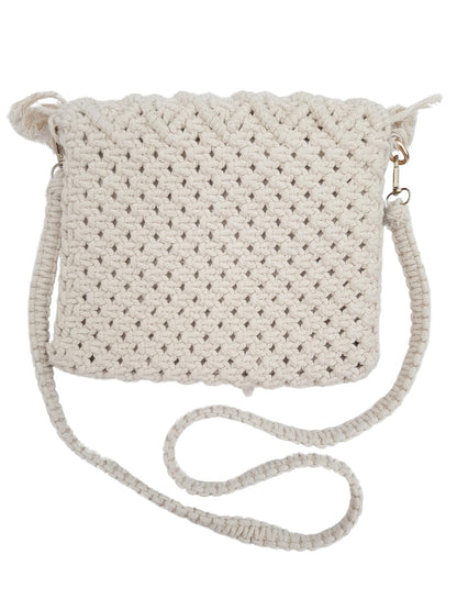 Trend Overseas Handwoven Off-White Crochet Craft Macrame Bag Multi-Purpose Summer Tote Handbag