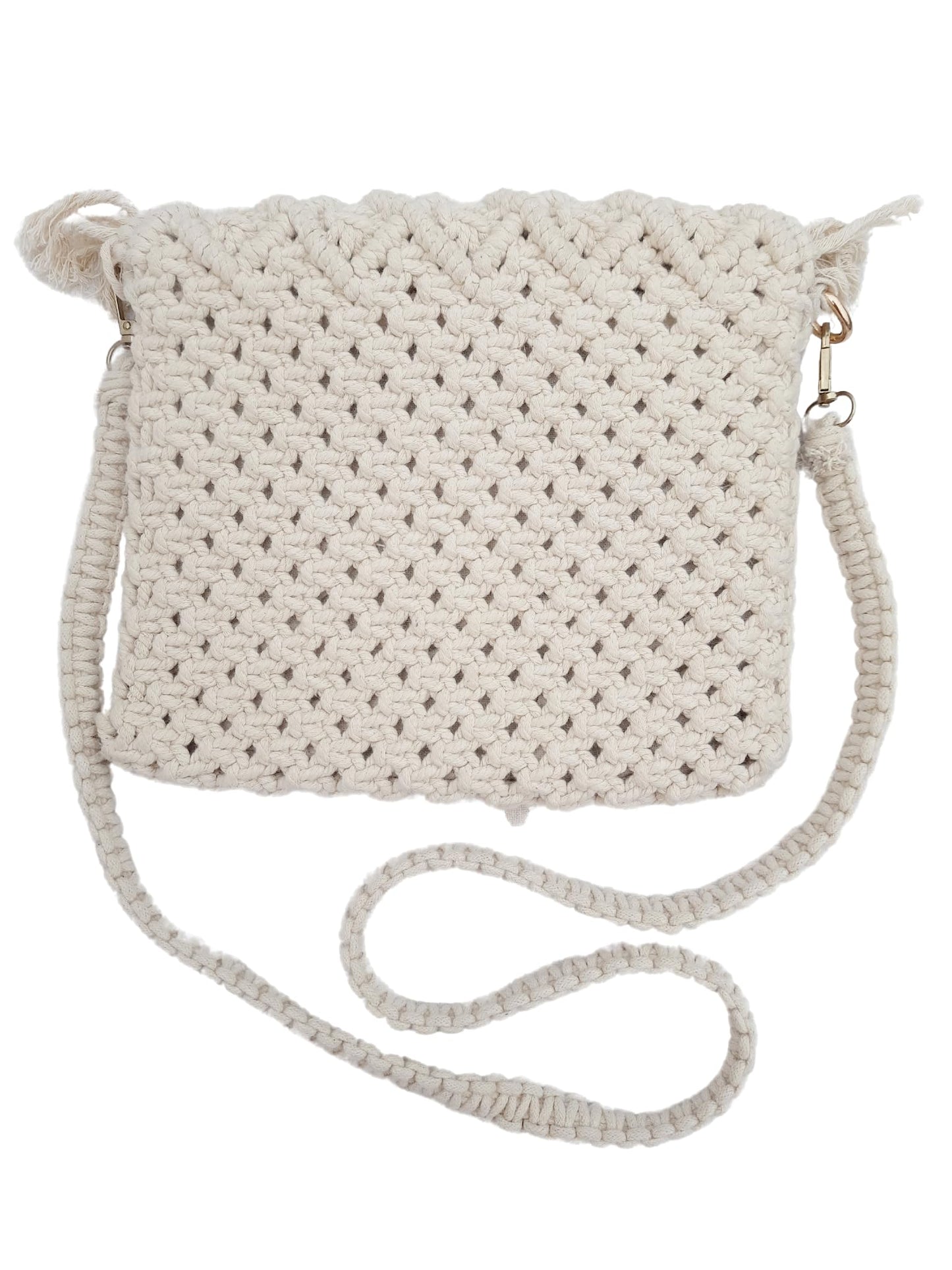 Trend Overseas Handwoven Off-White Crochet Craft Macrame Bag Multi-Purpose Summer Tote Handbag