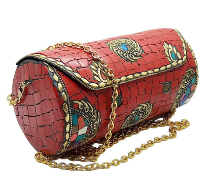 Trend Overseas Handmade Mosaic Multi color Stone Clutch Cylindrical Round Ethnic bag Antique Bridal Sling Bag Crossbody Bag