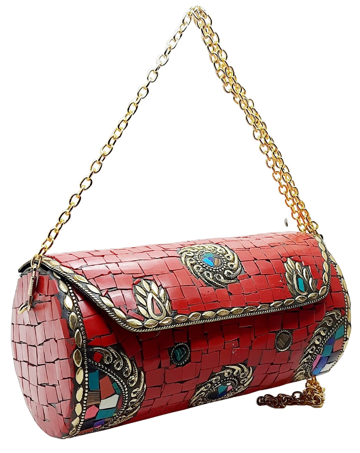 Trend Overseas Handmade Mosaic Multi color Stone Clutch Cylindrical Round Ethnic bag Antique Bridal Sling Bag Crossbody Bag