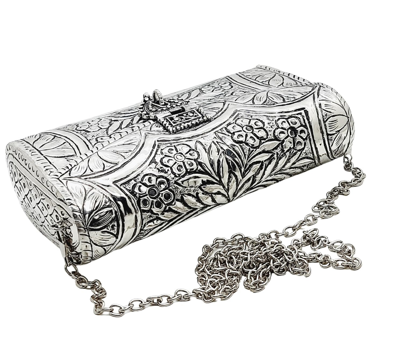 Trend Overseas Women Silver Bridal Metal Clutch - Handmade Brass Purse with Antique Hand Carving for Parties and Functions