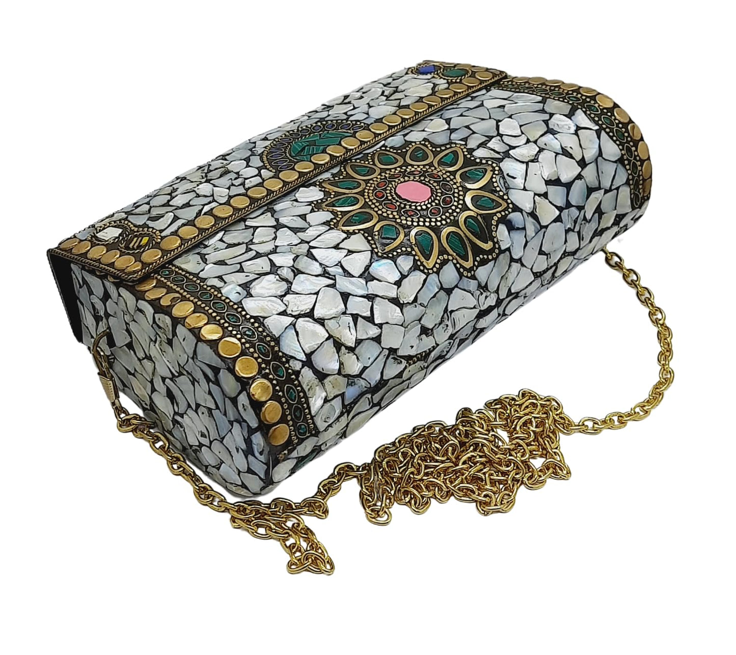 Trend Overseas Handmade mosaic metal bag Stone Ethnic Indian Women/Girls Bridal metal clutch party sling bag