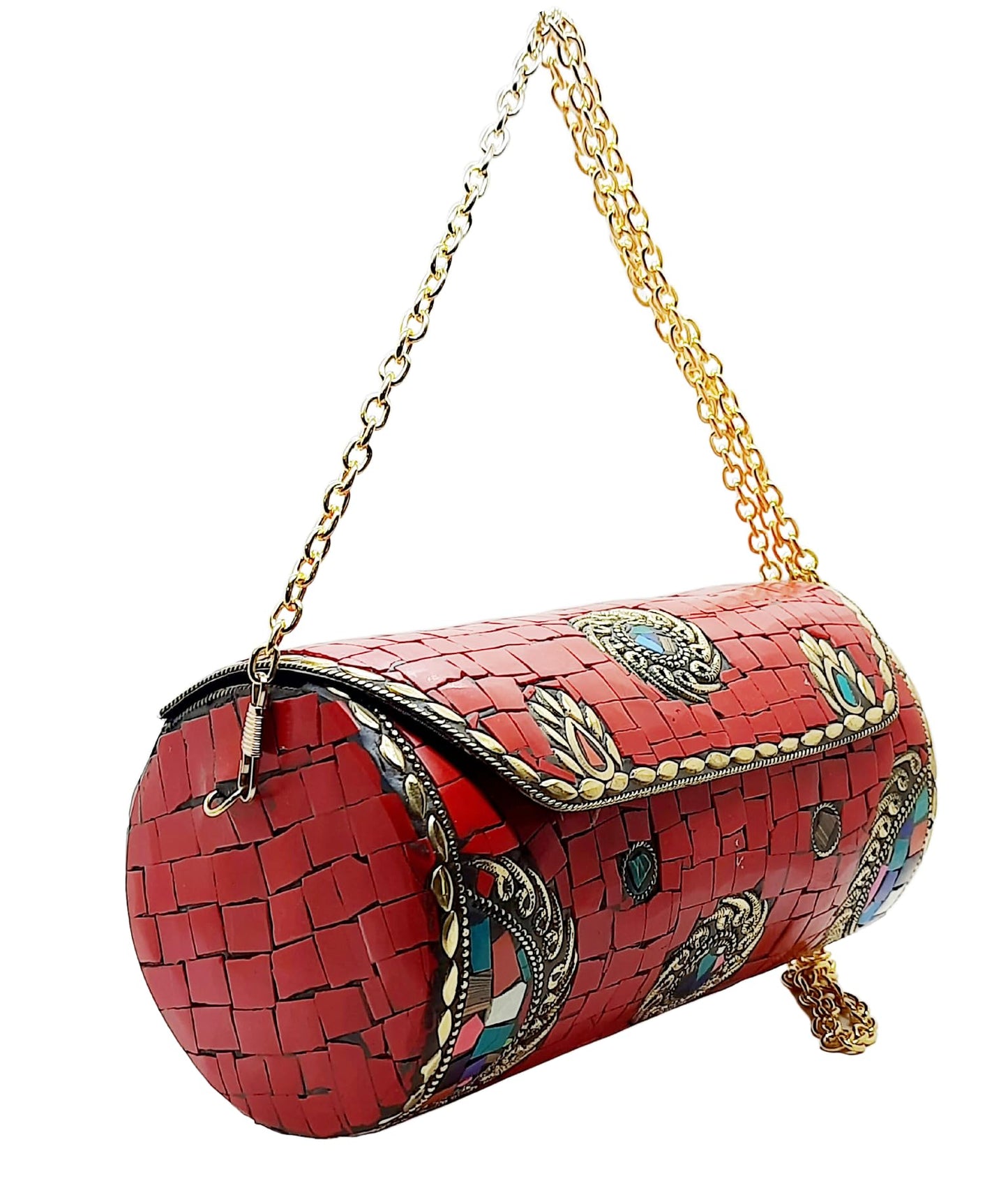 Trend Overseas Handmade Mosaic Multi color Stone Clutch Cylindrical Round Ethnic bag Antique Bridal Sling Bag Crossbody Bag