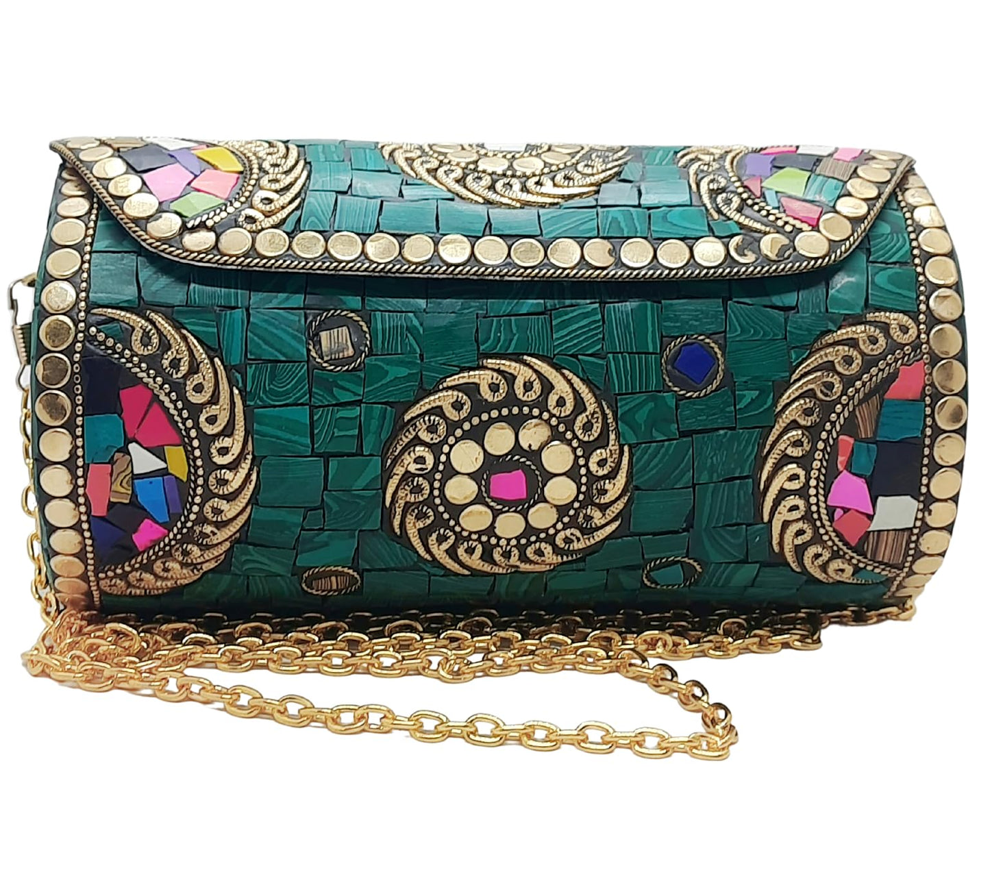 Trend Overseas Handmade Mosaic Multi color Stone Clutch Cylindrical Round Ethnic bag Antique Bridal Sling Bag Crossbody Bag