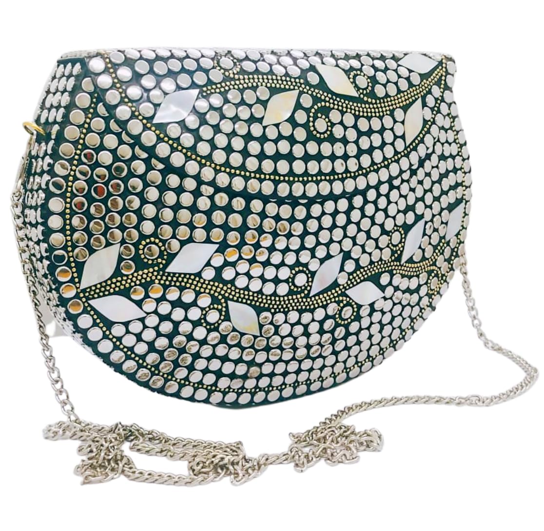 Trend Overseas Silver metal Beaded Ethnic purse Girls Bridal Bag cross body bag for women/Girl party clutch Metal clutches Vintage Brass