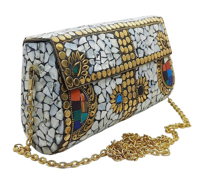 Trend Overseas Handmade mosaic metal bag Stone Ethnic Indian Women/Girls Bridal metal clutch party sling bag