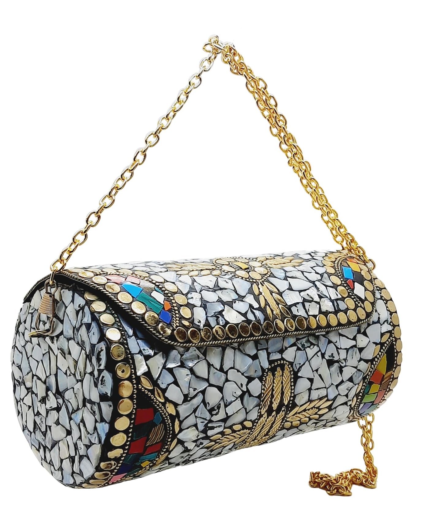 Trend Overseas Handmade Mosaic Multi color Stone Clutch Cylindrical Round Ethnic bag Antique Bridal Sling Bag Crossbody Bag