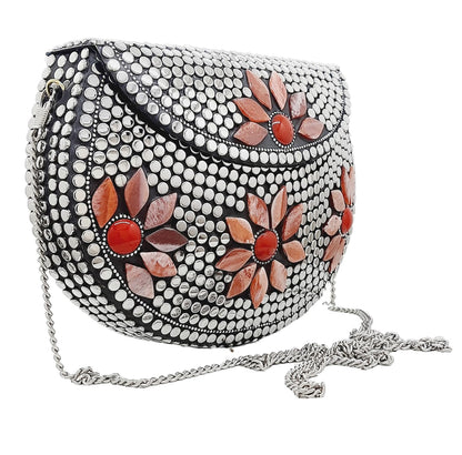 Trend Overseas Multicolor Silver Beads Ethnic Clutch Purse Bridal Bag cross body bag for women/Girl party