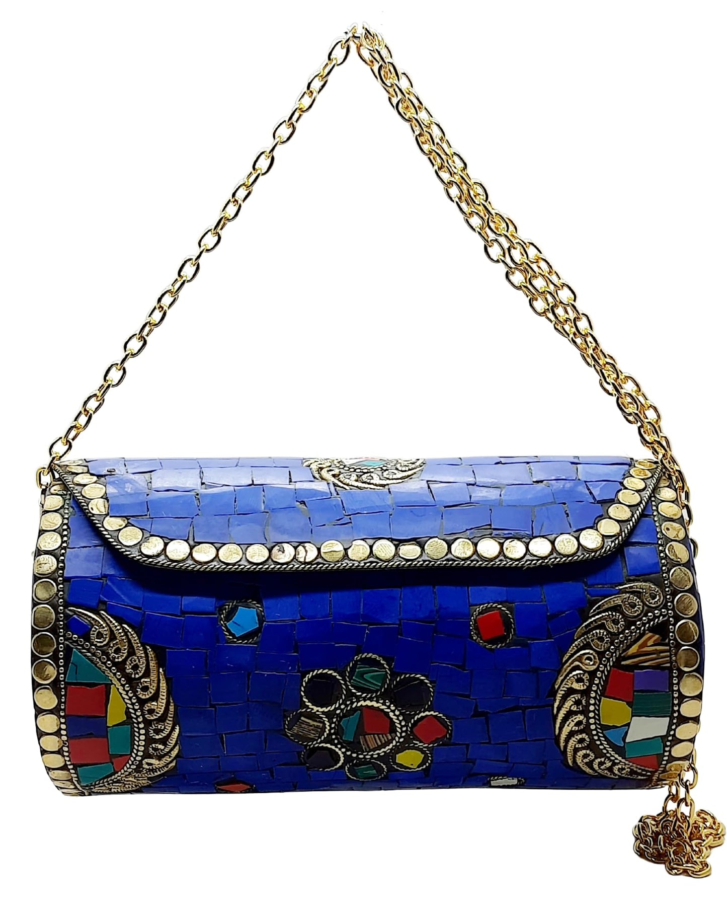 Trend Overseas Handmade Mosaic Multi color Stone Clutch Cylindrical Round Ethnic bag Antique Bridal Sling Bag Crossbody Bag