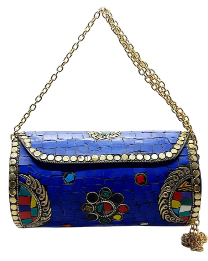 Trend Overseas Handmade Mosaic Multi color Stone Clutch Cylindrical Round Ethnic bag Antique Bridal Sling Bag Crossbody Bag