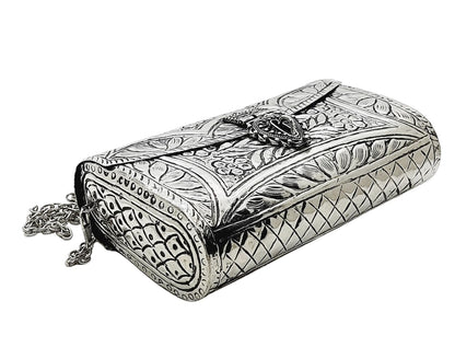 Trend Overseas Women Silver Bridal Metal Clutch - Handmade Brass Purse with Antique Hand Carving for Parties and Functions