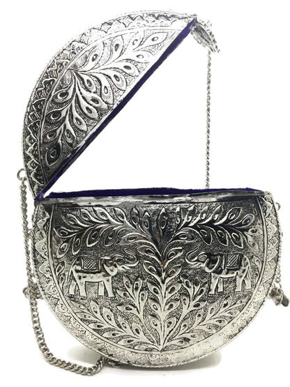 Trend Overseas Party Bridal Handmade Ethnic Brass Metal Silver color Round Shape Antique Hand Carving clutches purse