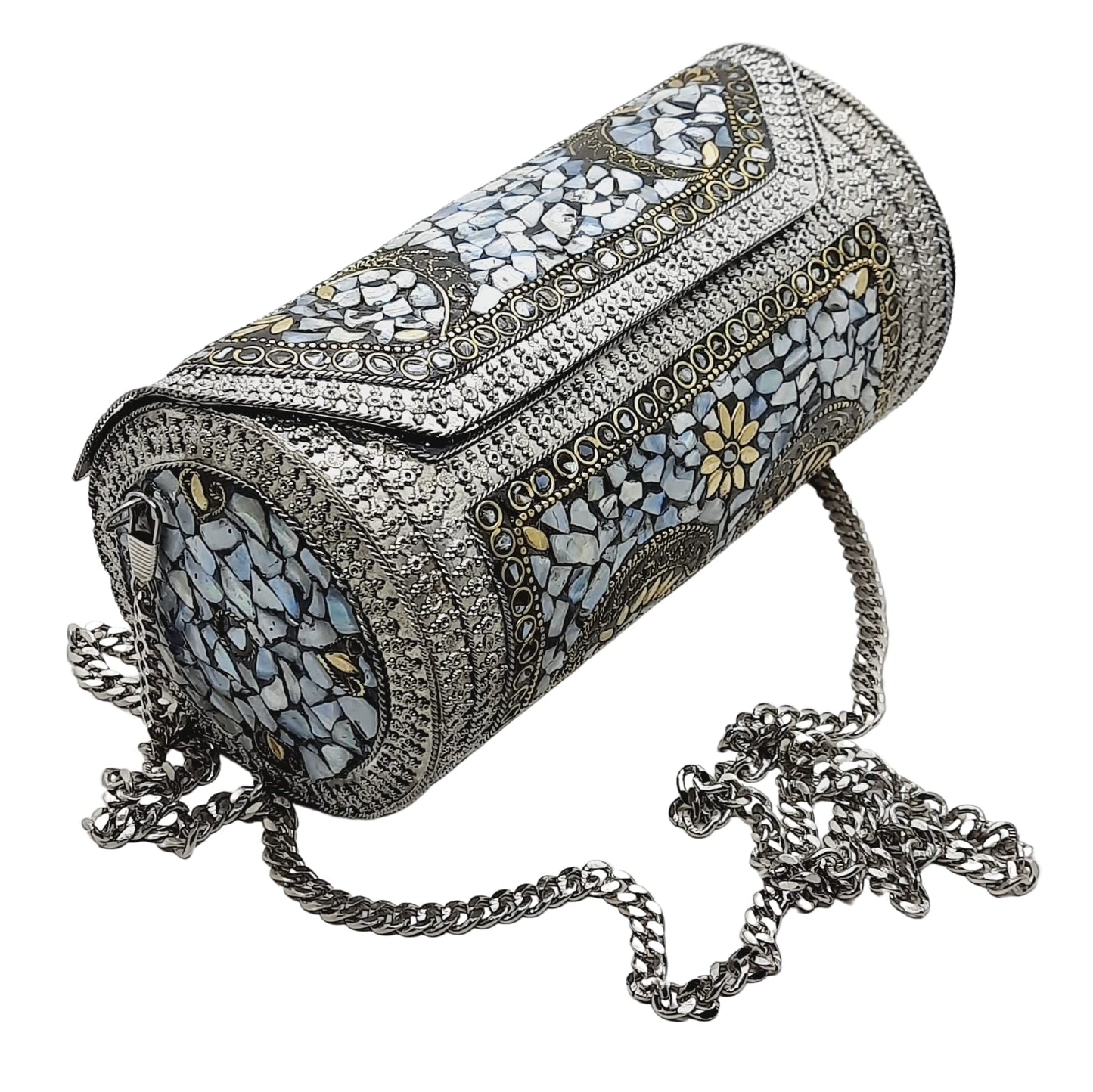 Trend Overseas Womens Eye Catching Handmade Cylinder Round Ethnic Silver Metal Bag Antique Bridal Clutch