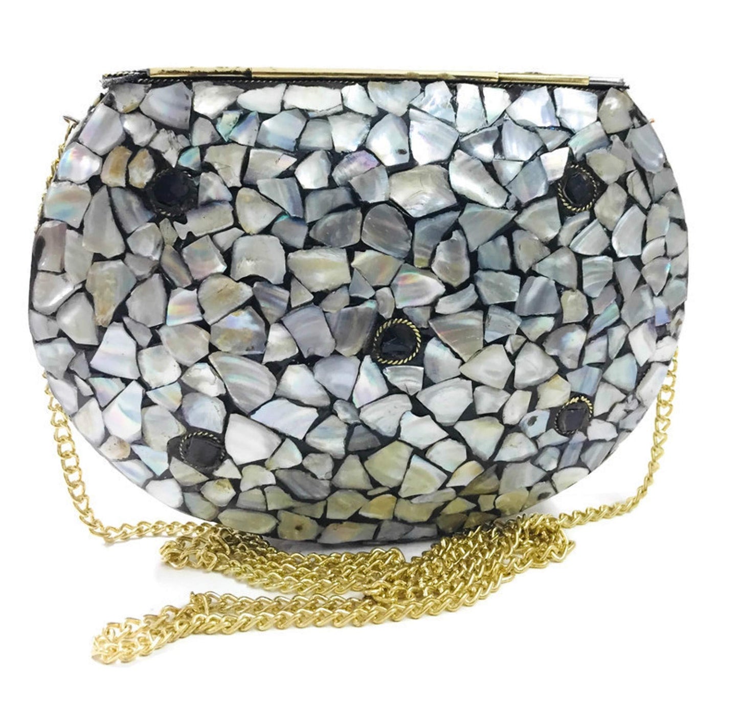 Trend Overseas Women's Shell stone Mosaic Metal Bag Antique Indian Ethnic Clutch Purse (Multicolor)