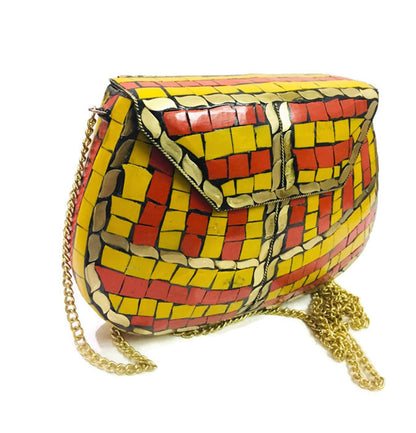 Trend Overseas Women Bridal yellow shaded mosaic metal bag antique ethnic clutch Indian antique purse party clutch women bag