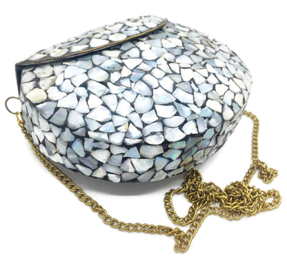 Trend Overseas Women/Girls Bridal metal Sea shell clutch party sling bag Ethnic Indian Handmade mosaic metal bag Silver