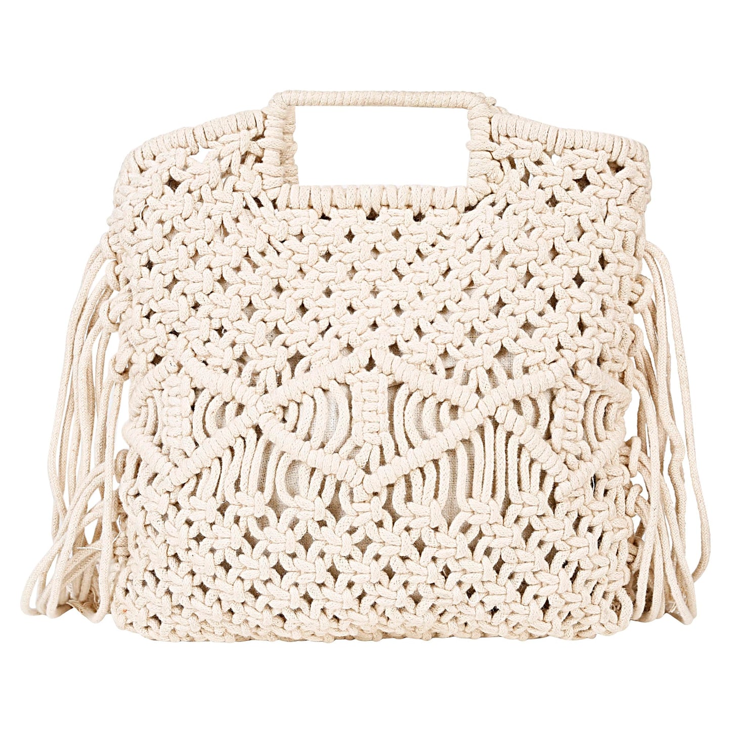 Trend Overseas Handwoven Crochet Craft Women/Girl Ivory (Off-White) Macrame Bag - 100% Natural Cotton Ropes, Lightweight, Fashionable, Multi-Purpose Summer Tote Handbag