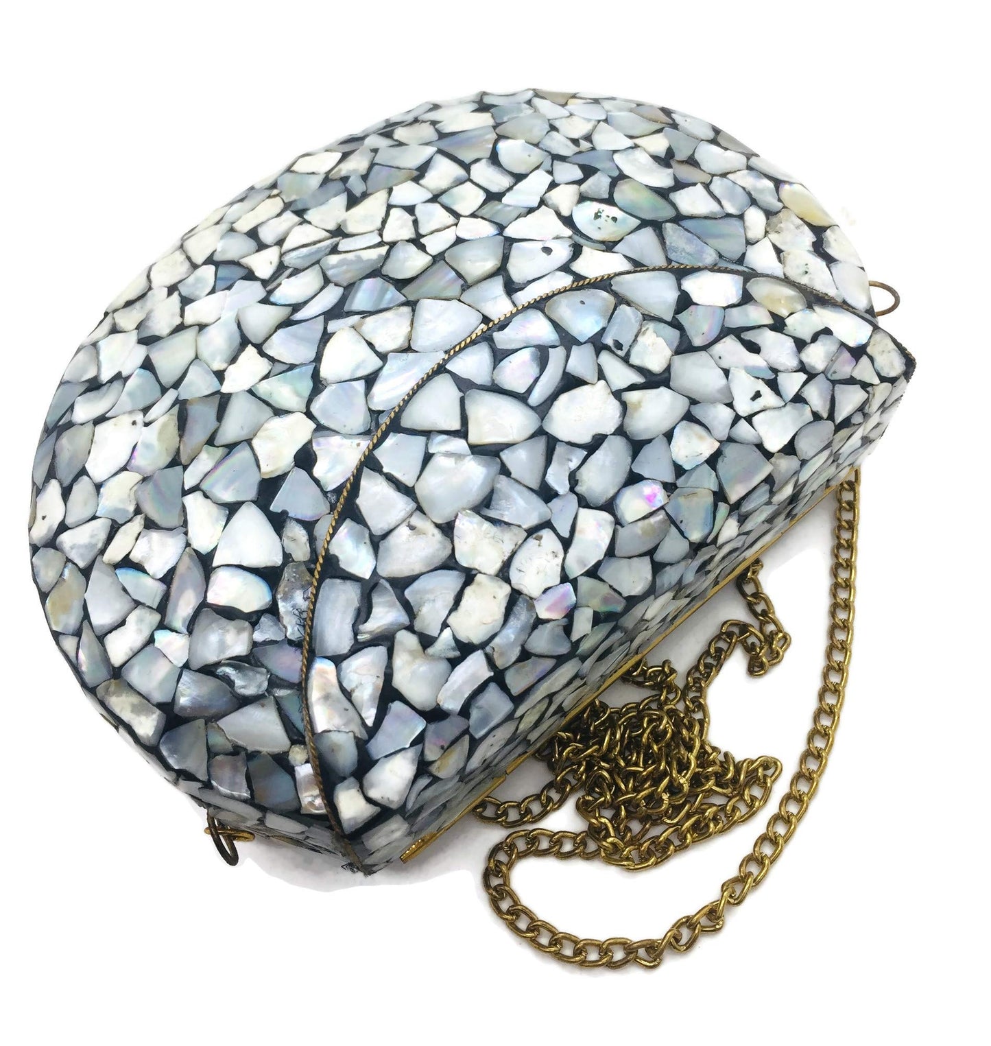 Trend Overseas Women/Girls Bridal metal Sea shell clutch party sling bag Ethnic Indian Handmade mosaic metal bag Silver