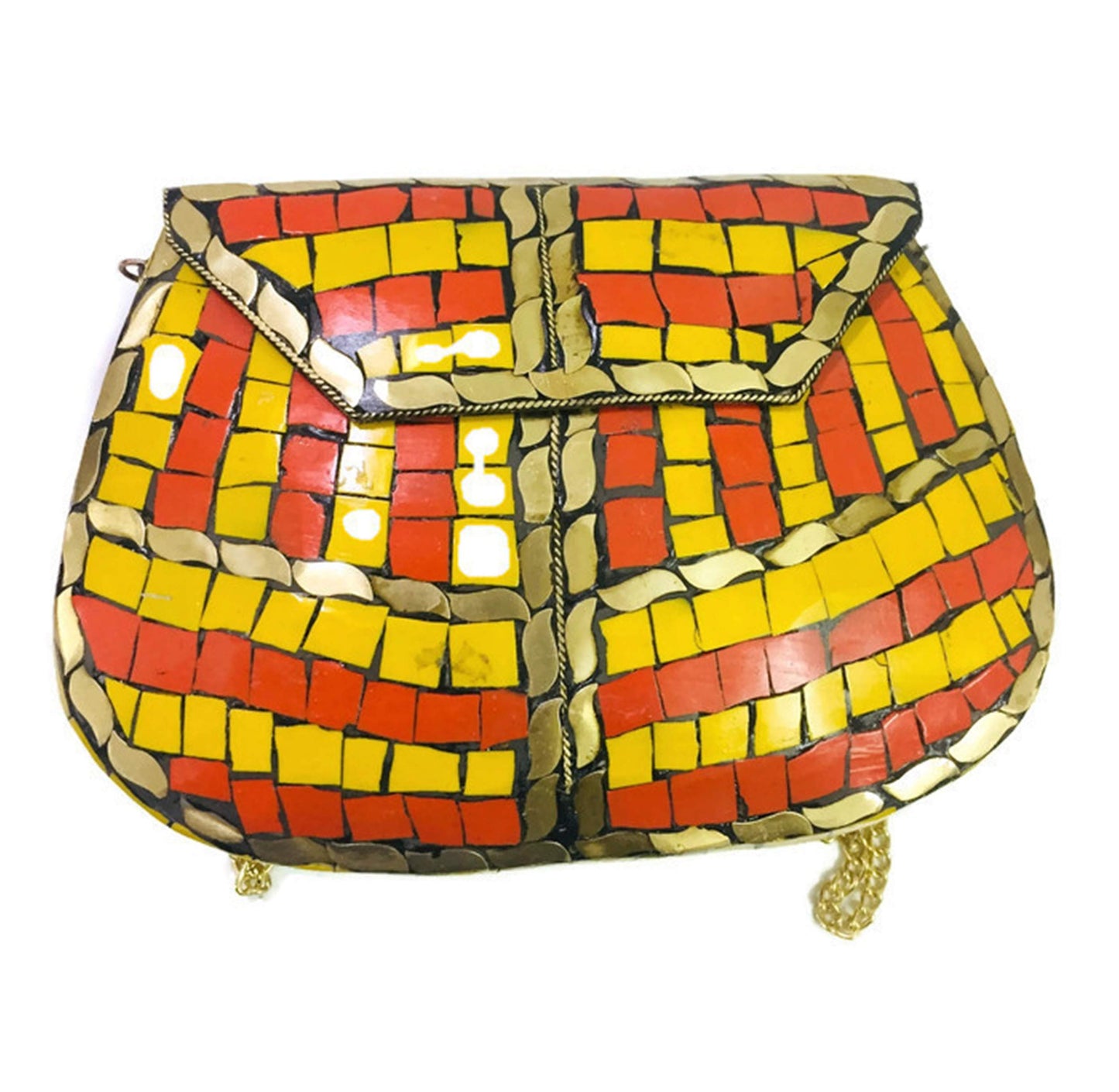 Trend Overseas Women Bridal yellow shaded mosaic metal bag antique ethnic clutch Indian antique purse party clutch women bag