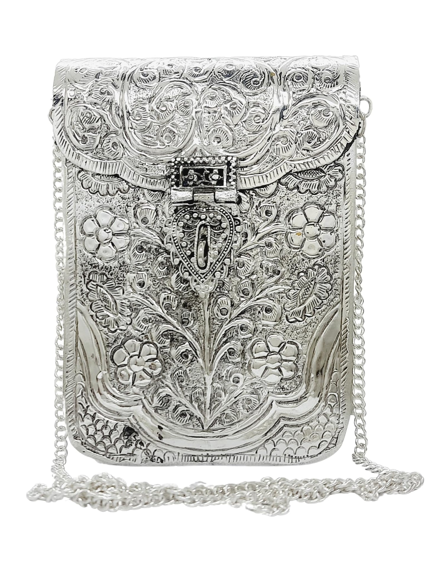 Trend Overseas Women Silver Bridal Metal Clutch - Antique Metal Cellphone Bag - Mobile Bag