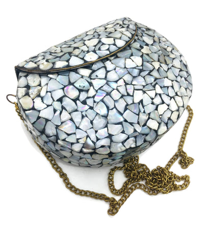 Trend Overseas Women/Girls Bridal metal Sea shell clutch party sling bag Ethnic Indian Handmade mosaic metal bag Silver