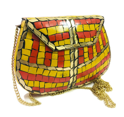 Trend Overseas Women Bridal yellow shaded mosaic metal bag antique ethnic clutch Indian antique purse party clutch women bag