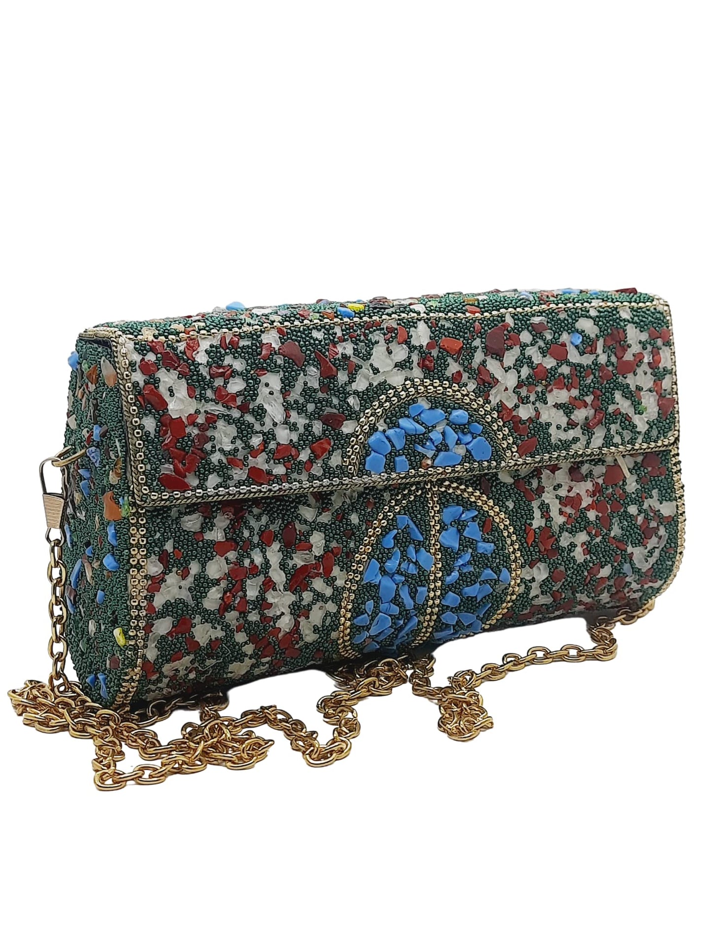 Trend Overseas Handmade Cut Stone mosaic metal bag Stone Clutch Ethnic Indian Women/Girls Bridal metal clutch party sling bag (Red)