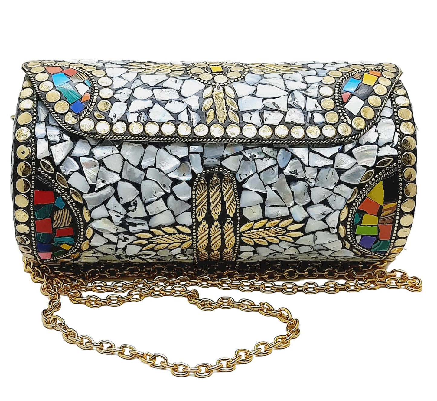 Trend Overseas Handmade Mosaic Multi color Stone Clutch Cylindrical Round Ethnic bag Antique Bridal Sling Bag Crossbody Bag