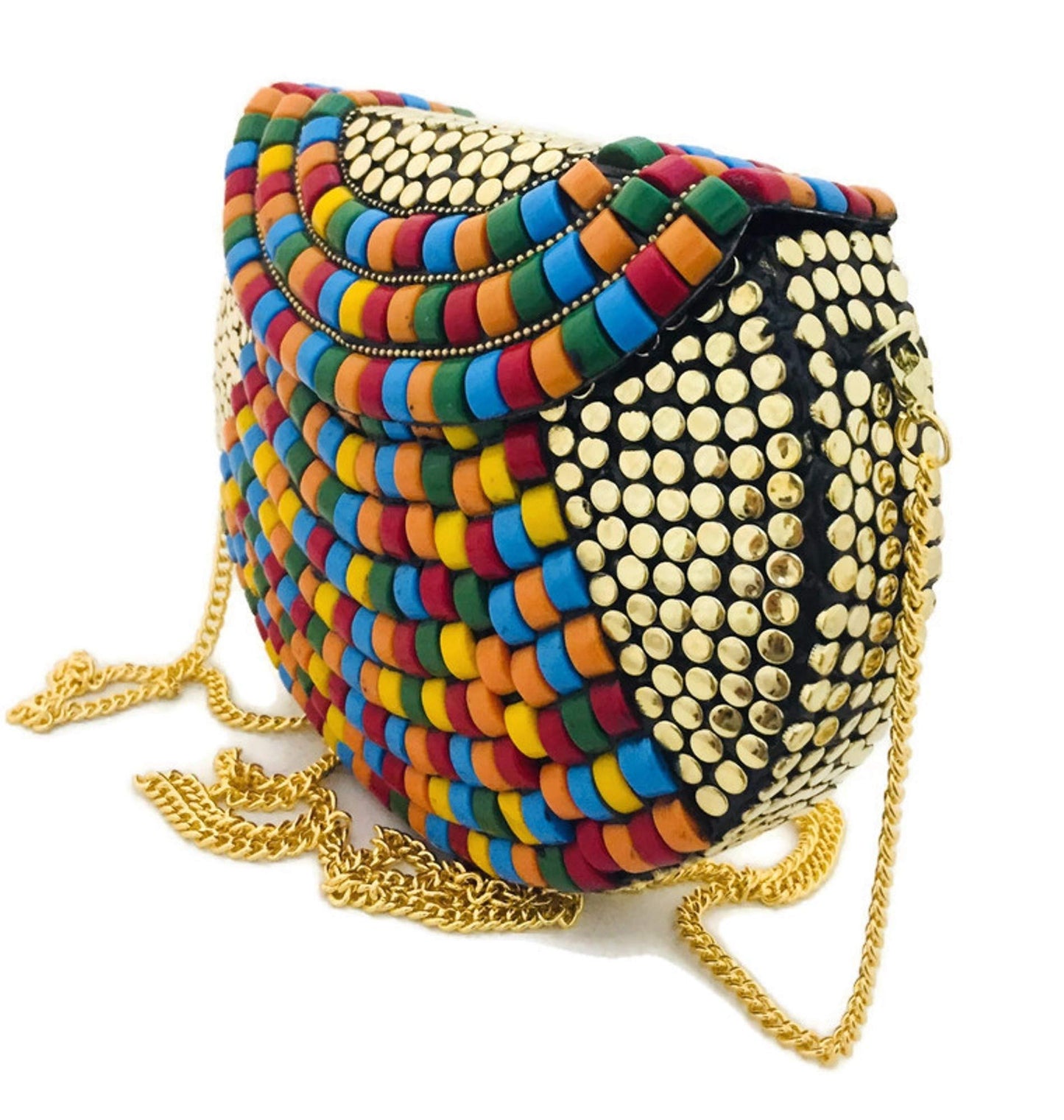 Trend Overseas Brass Beaded Multi color Ethnic purse Girls Bridal Bag Golden cross body bag for women