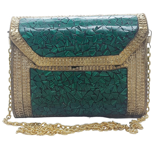 Trend Overseas Antique Indian Art Handmade Stone Mosaic Metal Bag - Vintage Style Clutch with,Velvet Interior, Perfect for Smartphones and Small Accessories