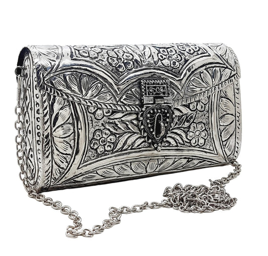 Trend Overseas Women Silver Bridal Metal Clutch - Handmade Brass Purse with Antique Hand Carving for Parties and Functions