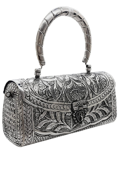 Trend Overseas Women's Silver Brass Metal Handle Clutch Handmade Antique Ethnic Hand Clutch