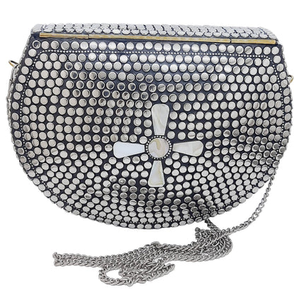 Trend Overseas Silver metal Beaded Ethnic purse Girls Bridal Bag cross body bag for women/Girl party clutch Metal clutches Vintage Brass