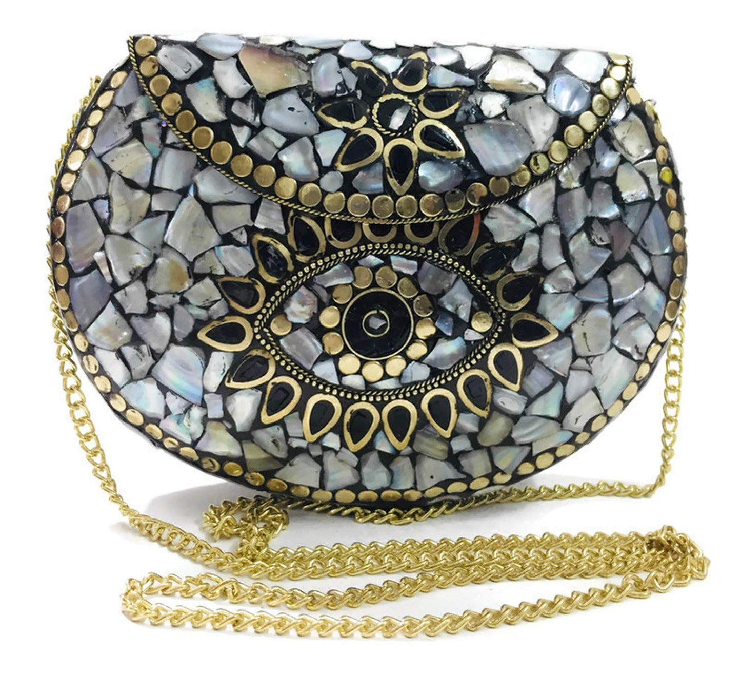 Trend Overseas Women's Shell stone Mosaic Metal Bag Antique Indian Ethnic Clutch Purse (Multicolor)