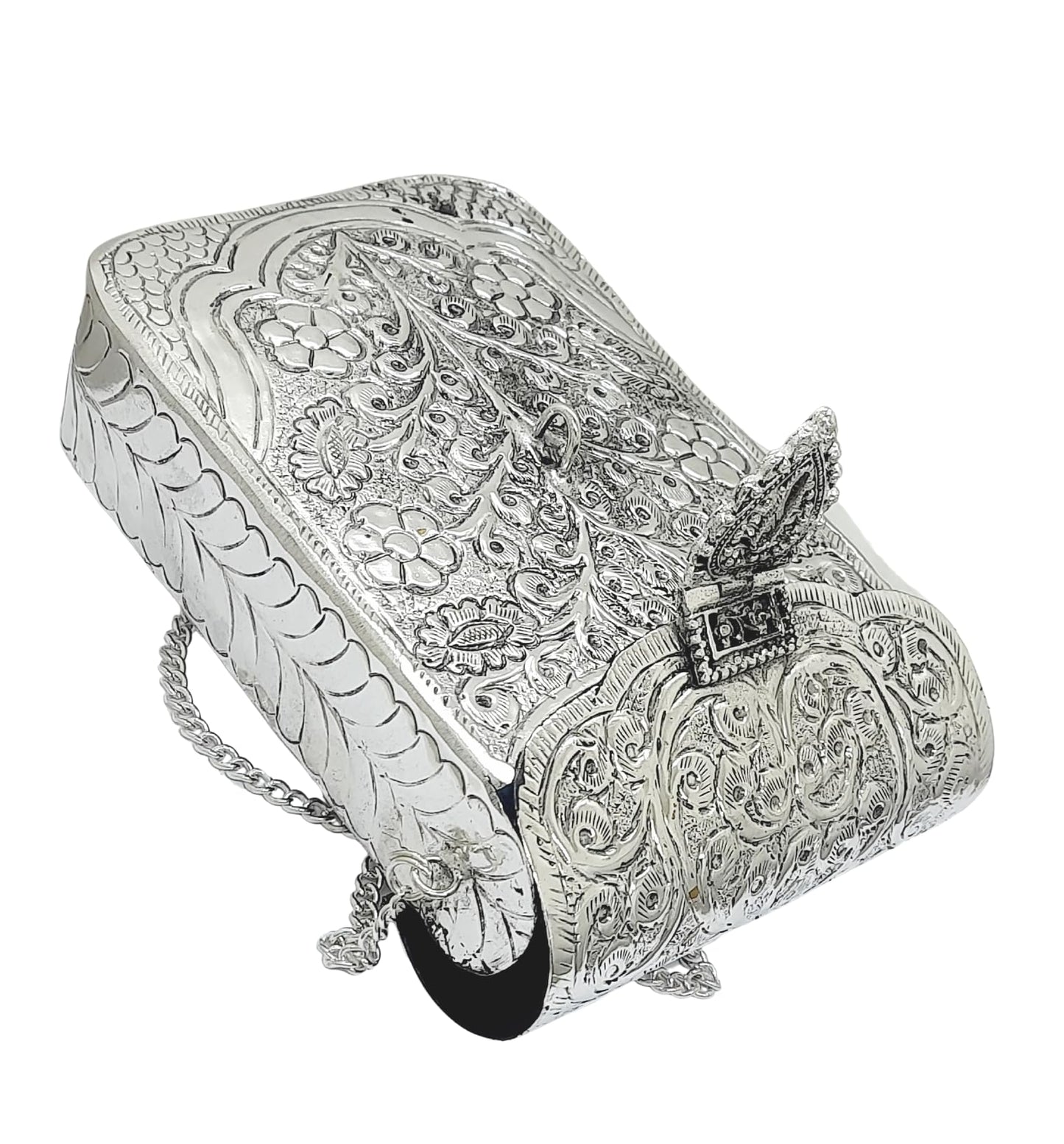 Trend Overseas Women Silver Bridal Metal Clutch - Antique Metal Cellphone Bag - Mobile Bag