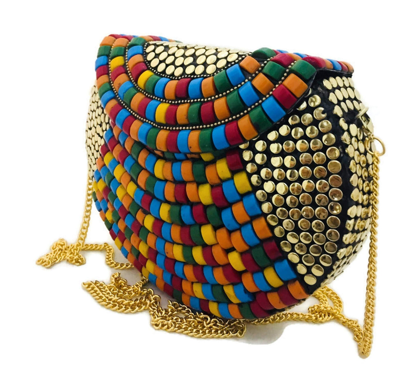 Trend Overseas Brass Beaded Multi color Ethnic purse Girls Bridal Bag Golden cross body bag for women