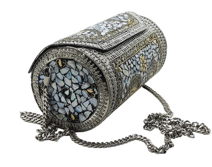 Trend Overseas Womens Eye Catching Handmade Cylinder Round Ethnic Silver Metal Bag Antique Bridal Clutch