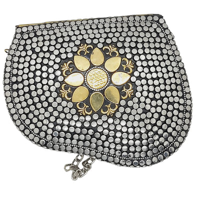 Trend Overseas Silver metal Beaded Ethnic purse Girls Bridal Bag cross body bag for women/Girl party clutch Metal clutches Vintage Brass