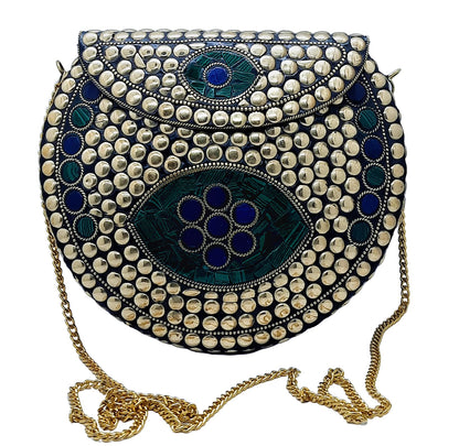 Trend Overseas Heart Design Stone Mosaic Clutch Ethnic Indian Handmade Small Size Bridal Clutch (Golden Metal Beads)