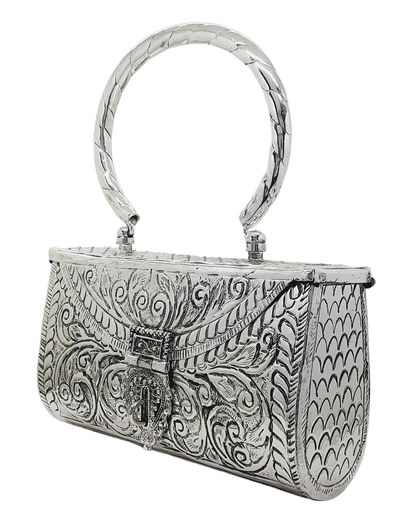 Trend Overseas Women's Antique Ethnic Handmade Silver Handle metal Clutch